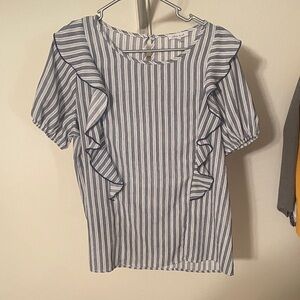 White Birch Blue and White Striped Ruffle Blouse